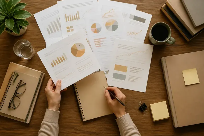 Two hands holding printed sheets with charts above a desk, a notebook and a coffee cup beside them