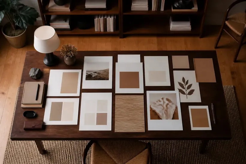 A dark wooden table laid out with framed prints and paper samples under a lamp