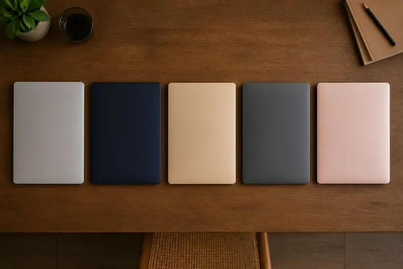 Five closed notebooks in a row on a wooden table, each a different colour