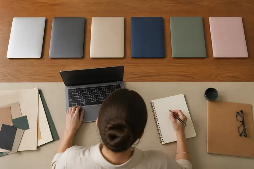 Someone seen from above working at a wooden desk with a laptop, a notebook and folders