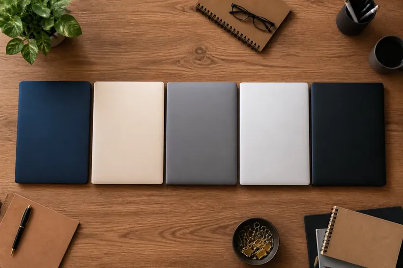 Five closed notebooks in a row on a wooden desk, a pen and a small bowl beside them