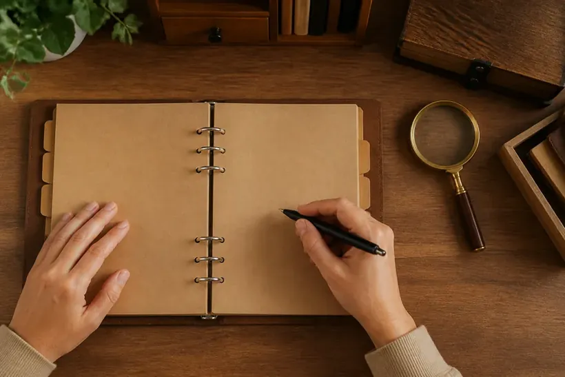 Two hands writing in an open ring binder on a wooden desk, a magnifying glass beside it
