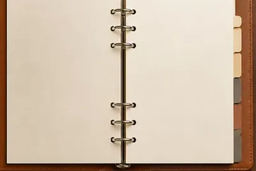 Close-up of an open ring binder with tabbed dividers in a leather cover