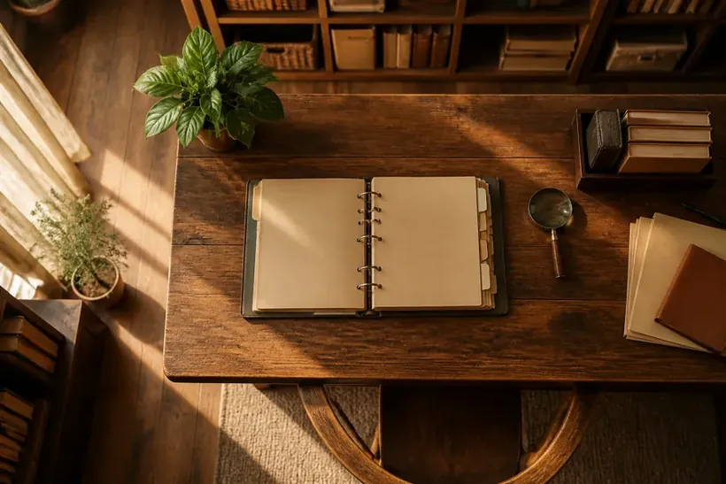 An open ring binder on a wooden desk by a window, with plants and books behind it