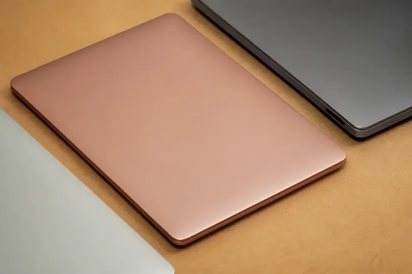 A pale pink and a dark grey closed laptop side by side on a plain surface