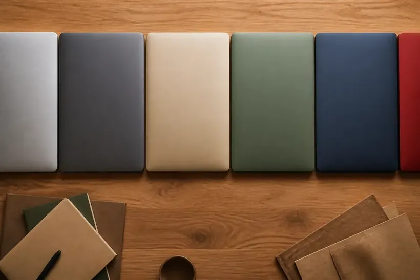Five closed notebooks laid out in a row against a wooden panel