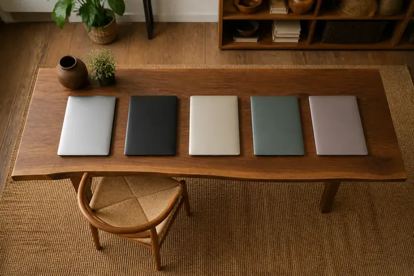 A long wooden table with five closed notebooks laid out in a row