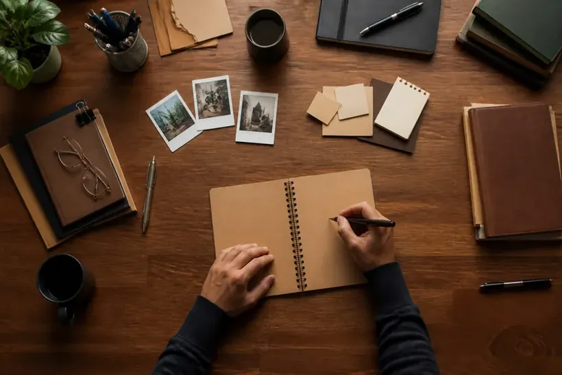 Two hands writing in a notebook on a wooden desk, with photo prints, a coffee cup and reading glasses around it