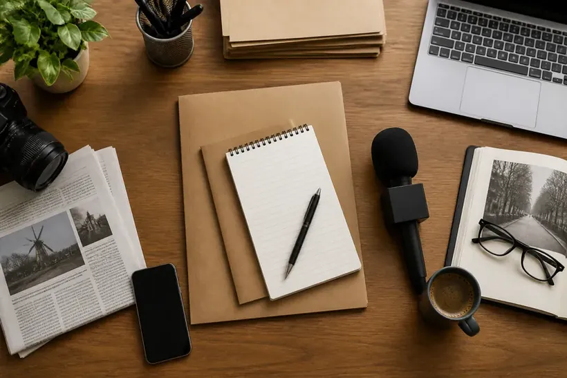 A wooden desk seen from above with a camera, an open book, printed sheets, a brown folder, a spiral notepad with a pen, a microphone and a laptop
