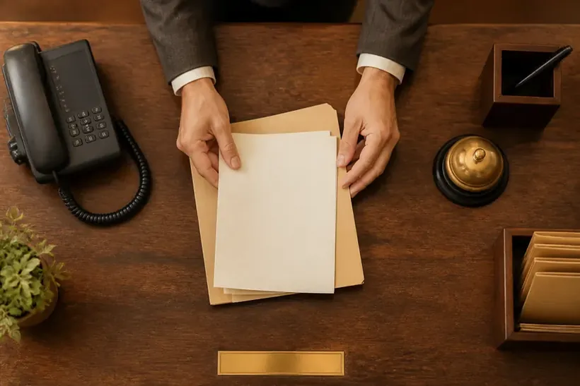 Two hands holding an open folder above a reception counter with a telephone and a bell