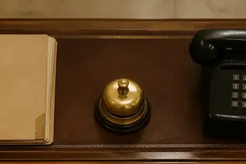 A reception counter with a folder, a brass service bell and a black telephone