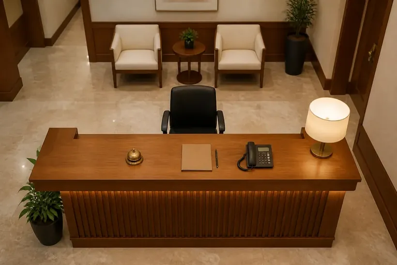 A wooden reception desk seen from above with a lamp, a folder and a telephone