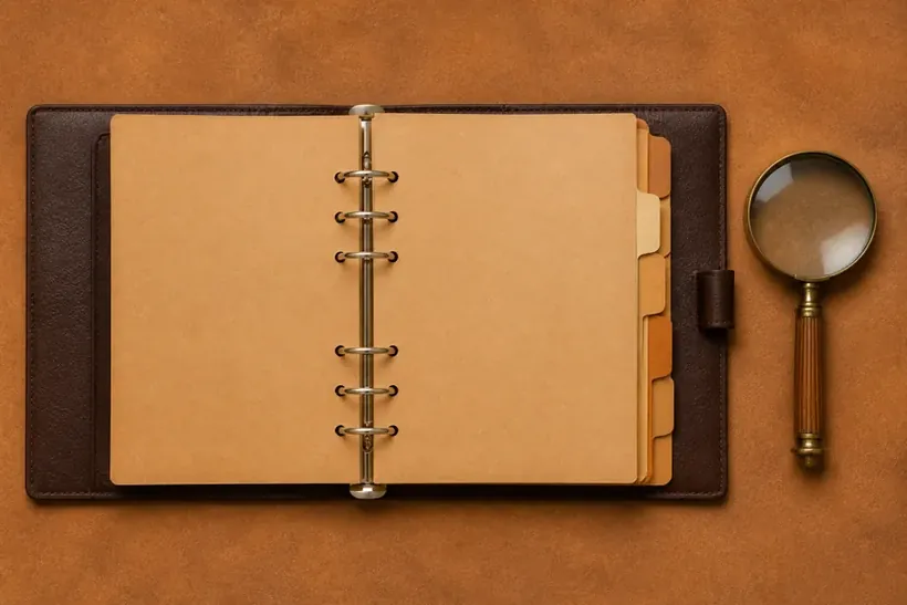 An open ring binder in a leather cover with a magnifying glass beside it