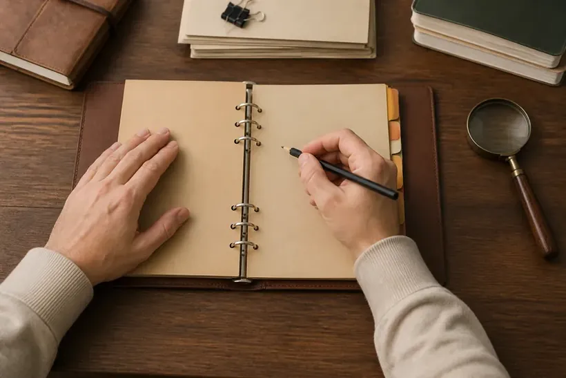 Two hands writing in an open ring binder on a wooden desk, with books and a magnifying glass