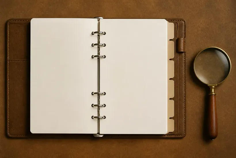 An open ring binder with blank pages on a leather desk pad, a magnifying glass beside it