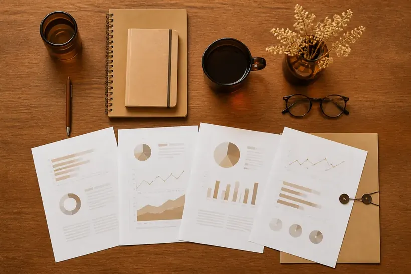 Printed sheets with charts fanned out on a wooden desk next to a coffee cup and glasses