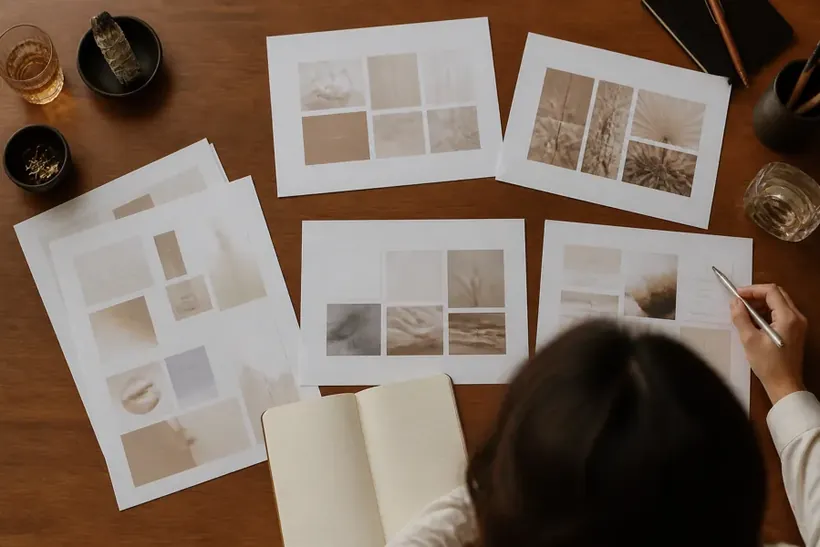 Someone seen from above sorting printed sheets and photo prints on a desk