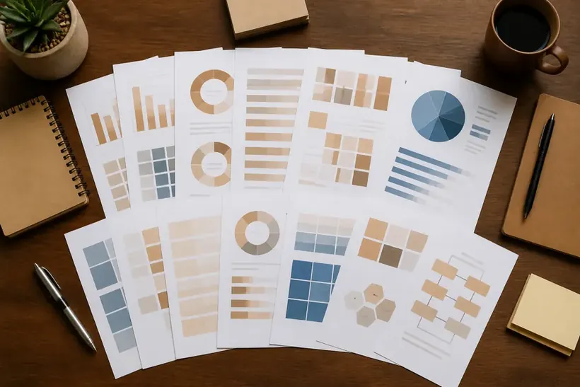 Printed sheets with charts and tables fanned out across a wooden desk