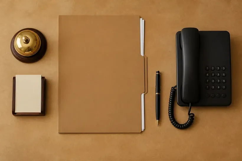 A brass service bell, a brown folder, a pen and a black telephone on a wooden counter