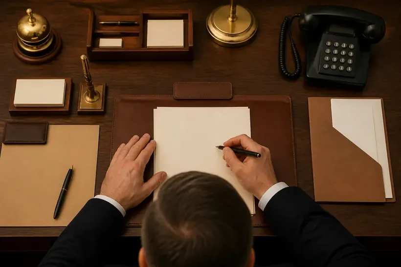 Two hands writing on a sheet at a reception counter with a service bell and a telephone