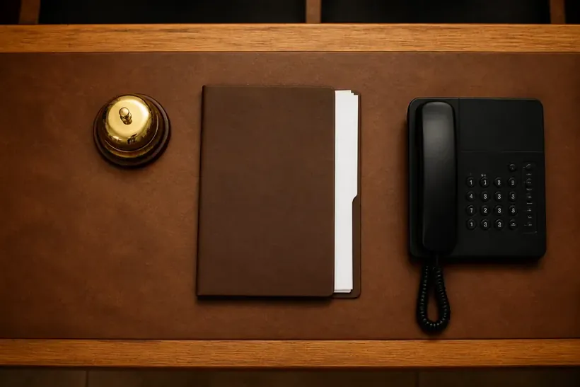 A brass service bell, a brown folder and a black telephone laid out on a leather counter